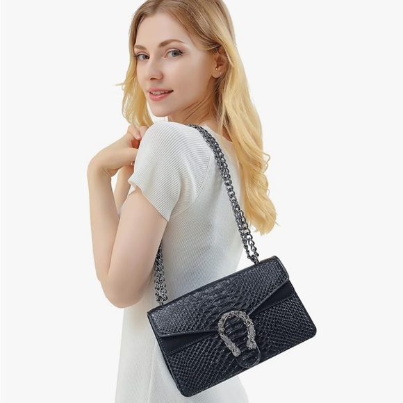 NWOT black leather chain bag with embellished buckle - Picture 2 of 8